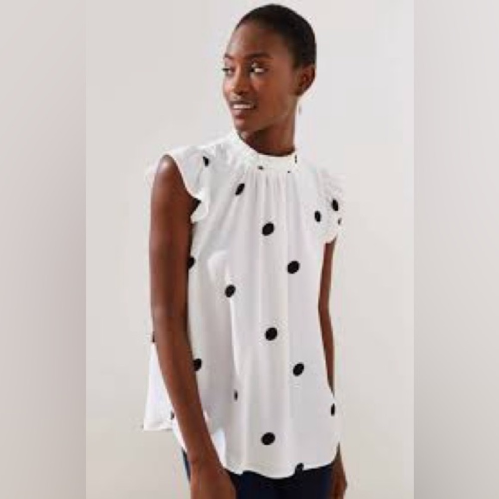 LOFT Polka Dot Ruffle Neck Top Blouse